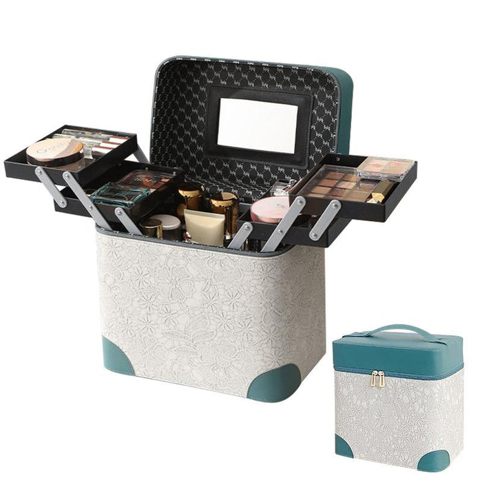 RAKU メイクボックス 化粧品収納ボックス 花柄 ミラー付き 大容量 4つのトレー 分類収納 防塵防水 高いボトル入れ 持ち運び便利 メイクアップ 小物入れ 整理簡単