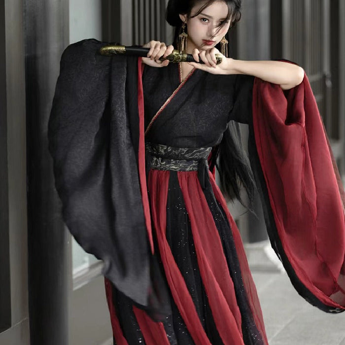 【4点セット】漢服 魏 晋 レディース チャイナ コスプレ衣装 ロング ブラック 黒 レッド 菊 中華刺繍 ハロウィン コスプレ 仮装 衣装 チャイナ風 イベント ステージ衣装 舞台衣装 チャイナ服 コスプレ 中華風 コスプレ 仮装 中国民族衣装 現代漢服 ファッション 大きいサイズ