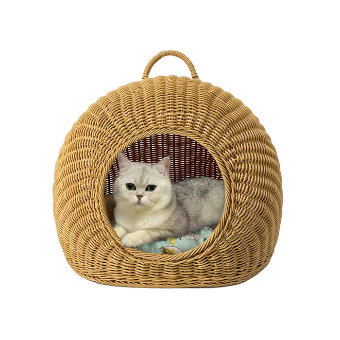 RAKU 猫 ペットハウス キャットハウス 猫ハウス ベッド 手編み ペットベッド ベッドルーム 小屋 籠 天然素材持ち手付 ドーム型 通気性良い 小中型 洗える 軽い 無味 ペット兼用 猫用ベッド クッション ペット用品 猫用 犬用 ペット用