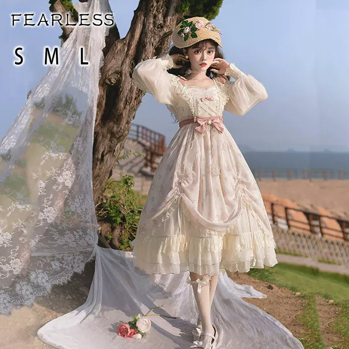 【7日内出荷】Fearless リポン ロリータ コスプレ 50代 40代 30代 20代 お洒落 可愛い ロリィタ ワンピース ワンピ シフォンワンピース ロングワンピース レディース 長袖 きれいめ 体型カバー 花柄 秋 春 ミディアム丈 ロングワンピ ロング シフォン 大きいサイズ 小花柄 Aライン