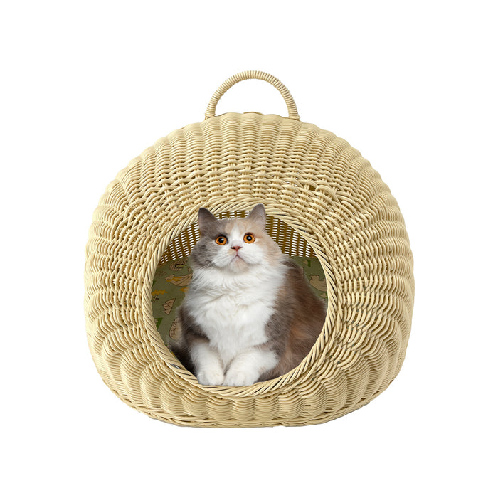 RAKU 猫 ペットハウス キャットハウス 猫ハウス ベッド 手編み ペットベッド ベッドルーム 小屋 籠 天然素材持ち手付 ドーム型 通気性良い 小中型 洗える 軽い 無味 ペット兼用 猫用ベッド クッション ペット用品 猫用 犬用 ペット用