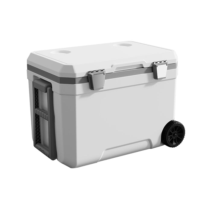 RAKU クーラーボックス 45L約120時間保冷 大容量 保冷剤付き 持ち運びやすい ハンドル&キャスター付き ゴムラバー 高密閉性 水抜き栓 カップホルダー 頑丈 車載 レジャークーラー アウトドア キャンプ/BBQ/お釣り/防災