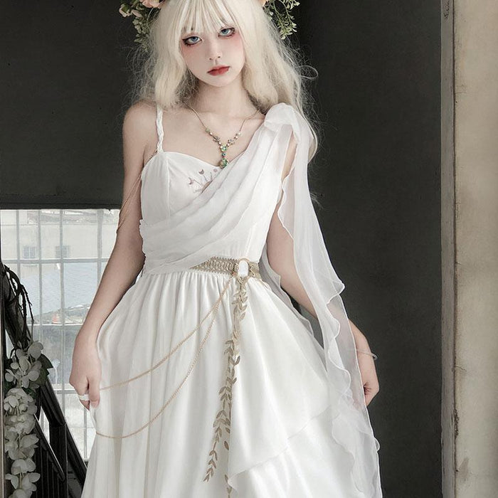 【7日内出荷】ロリィタ ワンピース ワンピ シフォンワンピース レディース ハロウィン きれいめ 体型カバー ギリシャ 仮装 ミディアム丈