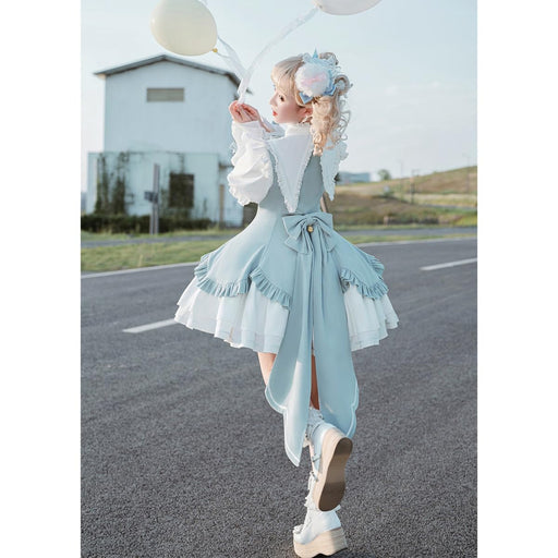 lolita ワンピース 姫 蝶結び鈴 ゴスロリ 女の子 ガールズ フリル ペプラムスカート レース 姫袖 森ガール お姫様 長袖 ロリータ風 女装 可愛い 大きいリボン 茶話会 仮装 クリスマス