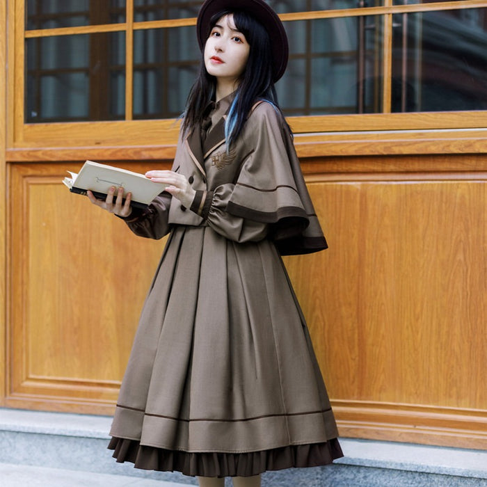 【7日内出荷】3点セット ロリータワンピース 長袖ワンピース ロリータドレス lolita マント付き ネクタイ付き 甘ロリ 可愛い 原宿 レディース ガーリー 春秋冬 S/M/L