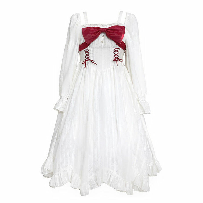 【7日内出荷】 2way仕様 赤い胸リボン ロリータワンピース ロリータドレス 甘ロリ 姫ロリ クラロリ カジュロリ 白ロリ 長袖 赤リボン 胸リボン