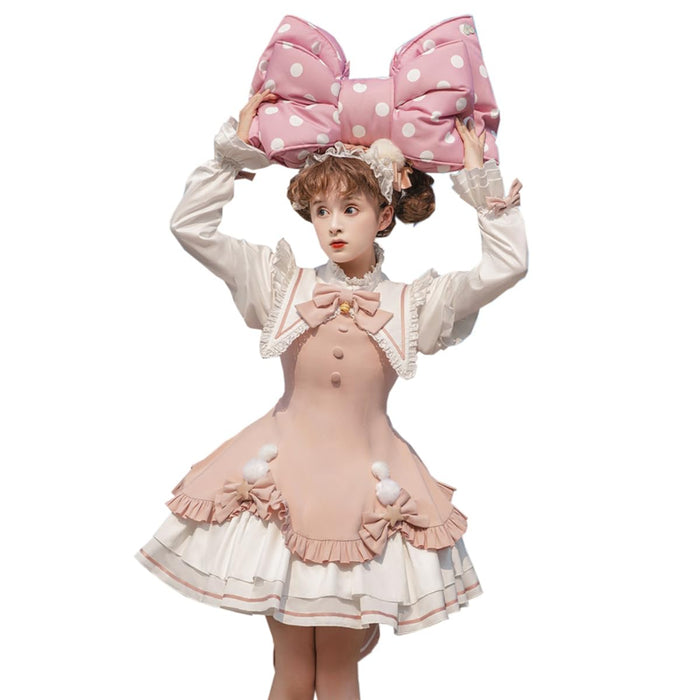 【7日内出荷】lolita ワンピース 姫 蝶結び鈴 ゴスロリ 女の子 ガールズ フリル ペプラムスカート レース 姫袖 森ガール お姫様 長袖 ロリータ風 女装 可愛い 大きいリボン 茶話会 仮装 クリスマス