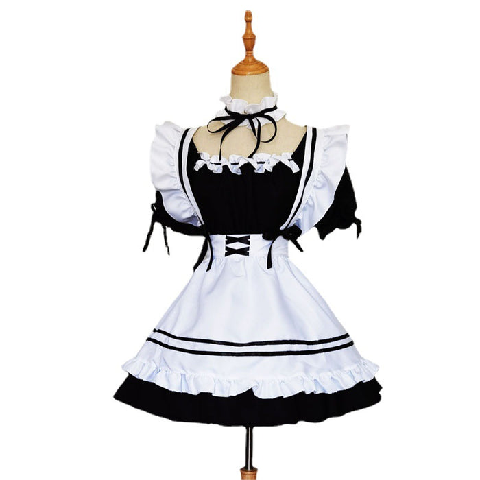 【7日内出荷】6点セット メイド服 コスプレ可愛い セクシー 制服 ハロウィン ゆめかわ 大人 レディース エプロン カチューシャ 半袖 ゴスロリ シンプル スカート ロリータ ワンピース 白 黒 赤 文化祭 リボン ピンク シンプル 仮装 衣装 膝丈