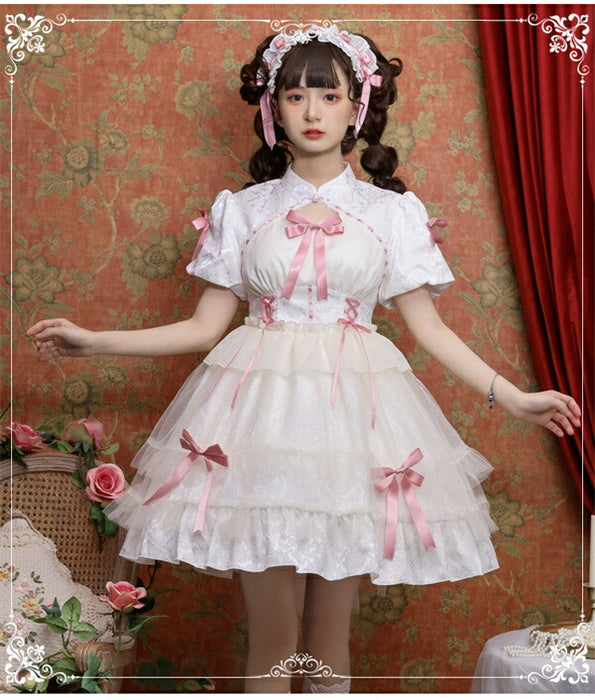 【7日内出荷】ロリータワンピース ホワイト 白 レディース lolita リボン ロリータ 袖付き 膝丈 小柄 可愛い 着瘦せ 仮装 コスプレ コスチューム 小柄 可愛い 学生 女の子 ゴスロリ 仮装 パーティ イベント ロリィタファッション フリル