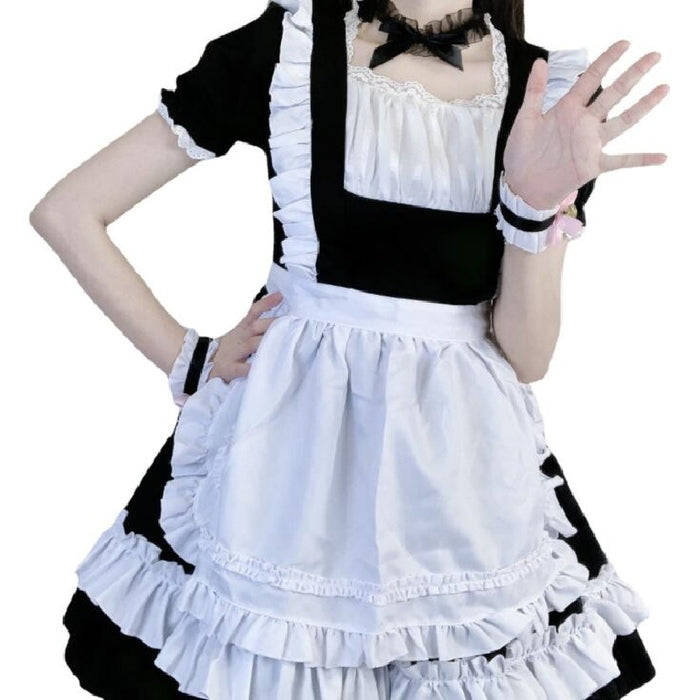 【7日内出荷】4点セット メイド服 ミニ丈 メイド喫茶 メイドコスチューム ジャパニーズメイド lolitaメイド服 セット ミニスカ ハロウィン 衣装 仮装 パーティ コスプレ ウェイトレス