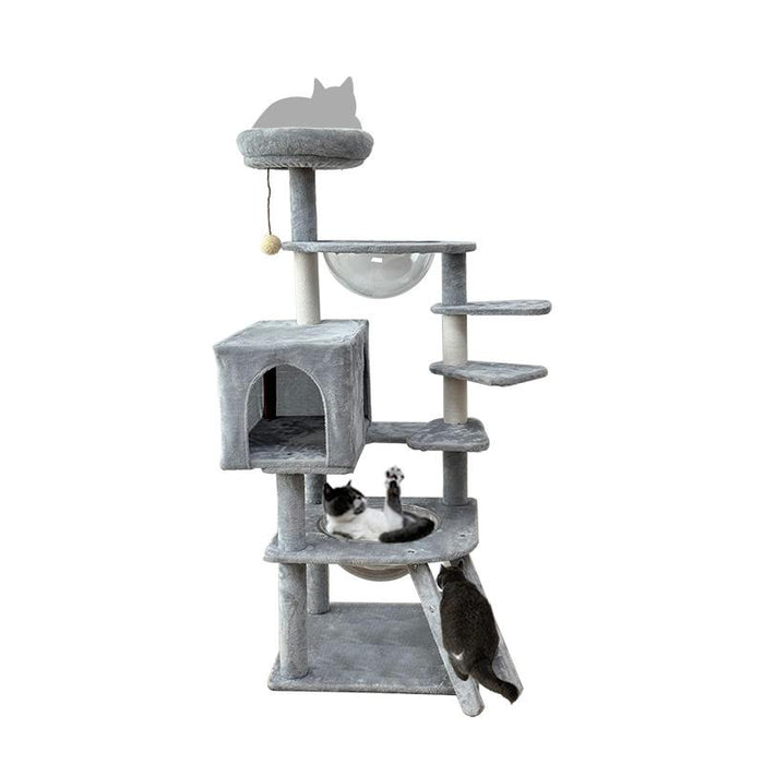キャットタワー ねこタワー RAKU 布製 据え置き 子猫・短足猫・シニア猫・太った猫に特別設計 爪とぎ 支柱 階段設計 肉球が見える 多頭飼い ポンポン付き