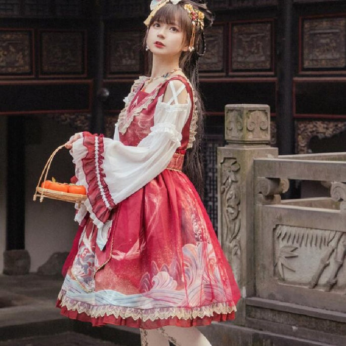 【7日内出荷】ロリータ ワンピース ゴスロリ ロリータドレス 膝丈 ロリィタ服 姫袖 お姫様ドレス 中華風 Lolita スカラップ フリル コスプレ衣装 ハロウィン コスチューム 長袖 レース チュール リボン 可愛い 学園祭 イベント 舞台衣装 撮影衣装 プリンセス ワインレッド ブルー 送料無料