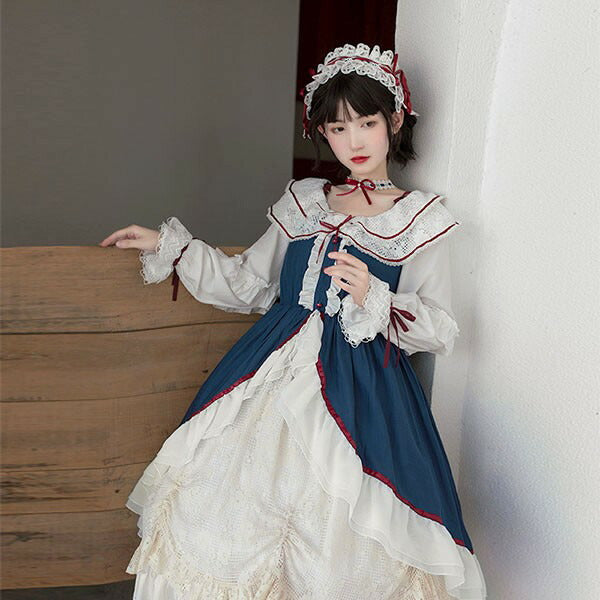 【7日内出荷】 ロリータ 森ガール ワンピース Aライン Lolita 2way オフショルダー 長袖 レース フリル 半袖 萌え萌え 可愛い かわいい プリンセス お姫様 プレゼント ミモレ丈 レディース ロココ コスチューム 仮装 ハロウィン 学園祭 文化祭 ベージュ ネイビー