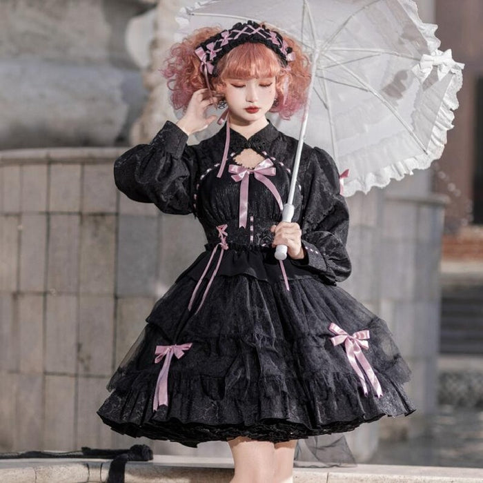 【7日内出荷】ロリータワンピース ワンピース ロリータドレス 長袖 全3色 lolita 甘ロリ リボン 上品 エレガント おしゃれ 原宿 ガーリー 可愛い 春秋冬