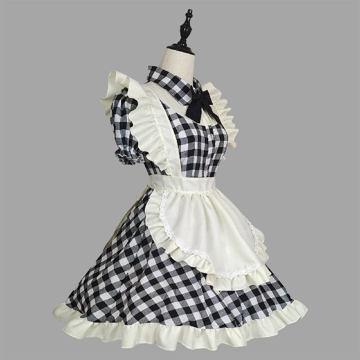 【7日内出荷】4点セット チェックメイド服 ミニ丈 メイド喫茶 メイドコスチューム ジャパニーズメイド ミニスカ ハロウィン 衣装 仮装 パーティ コスプレ フルセット 可愛い 萌え