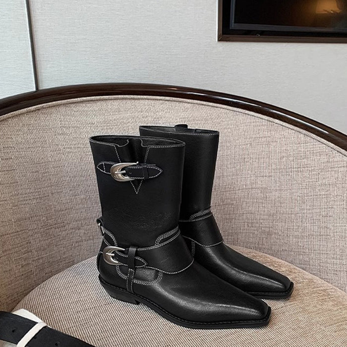 【7日内出荷】【3.5cmヒール 】ウエスタン ショートブーツ レディース ブーツ ウエスタンブーツ パンク系 スクエアトゥ ミドル丈 レザーシューズ PU  チャンキーヒール 太ヒール 安定感 美脚 靴 通学 通勤 おしゃれ 韓国 歩きやすい 疲れない 滑りにくい 大きいサイズ 22cm～25cm 黒 裏起毛 春 秋 冬