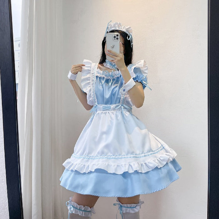 【7日内出荷】6点セット メイド服 コスプレ可愛い セクシー 制服 ハロウィン ゆめかわ 大人 レディース エプロン カチューシャ 半袖 ゴスロリ シンプル スカート ロリータ ワンピース 白 黒 赤 文化祭 リボン ピンク シンプル 仮装 衣装 膝丈