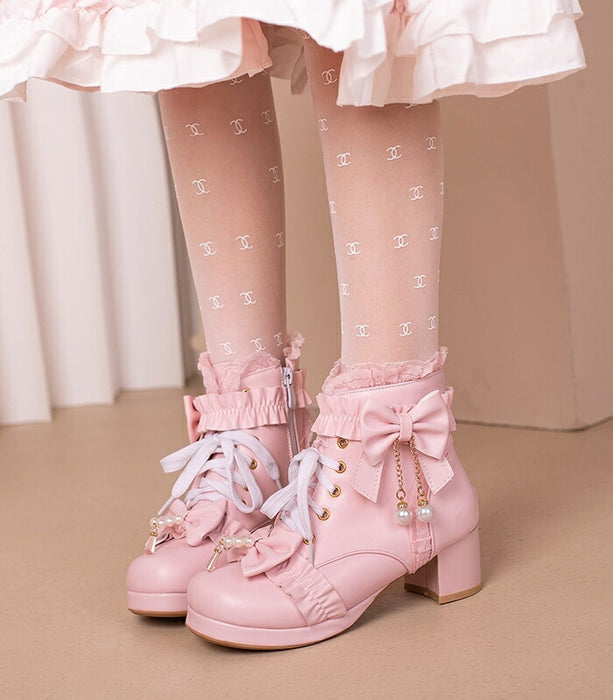 【5cm ヒール】厚底ブーツ ロリータ ブーツ レディース ショートブーツ 編み上げブーツ 甘ロリ お姫様 森ガール ロリィタ靴 レース リボン パール 5cm 太ヒール 歩きやすい 痛くない サイドジップ おしゃれ かわいい お茶会 コスプレ 黒 ピンク 白 秋冬