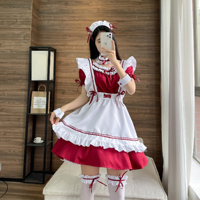 【7日内出荷】6点セット メイド服 コスプレ可愛い セクシー 制服 ハロウィン ゆめかわ 大人 レディース エプロン カチューシャ 半袖 ゴスロリ シンプル スカート ロリータ ワンピース 白 黒 赤 文化祭 リボン ピンク シンプル 仮装 衣装 膝丈