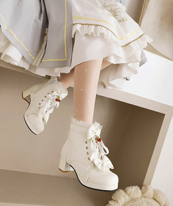 【5cmヒール】ロリータ ブーツ 厚底ブーツ レディース キッズ 子供 靴 ショート丈 編み上げブーツ お姫様 お嬢様 ロリィタ いちご リボン レース  太ヒール 歩きやすい 痛くない サイドジップ かわいい 七五三 コスプレ お茶会 発表会 黒 白 秋冬