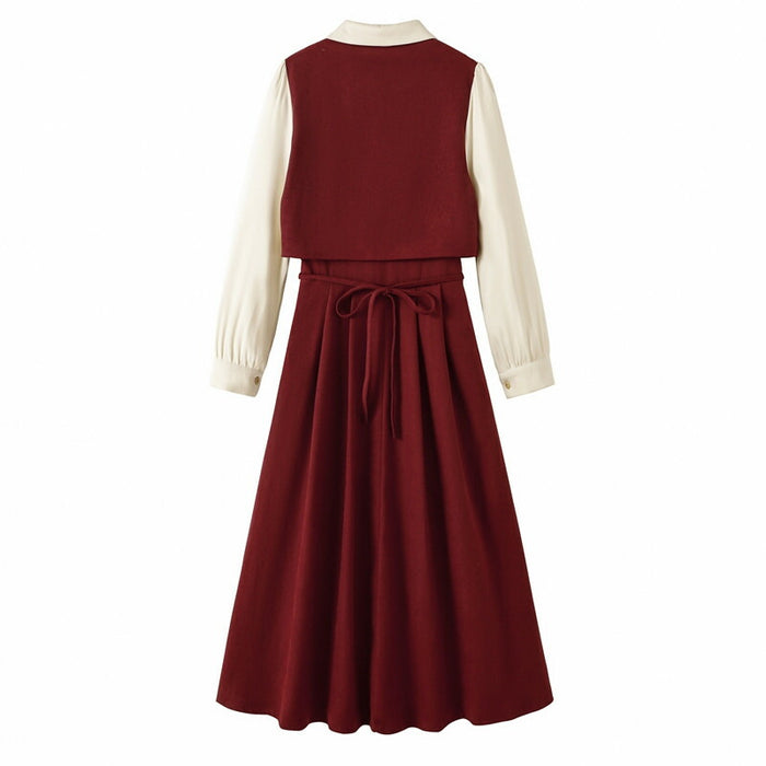 【7日内出荷】ワンピース ロングワンピース 切り替えワンピース Aライン ワンピ ロングワンピ ロング マキシワンピース 襟 無地 きれいめ シンプル マキシ レイヤード風 長袖 大きいサイズ 襟付き重ね着風 秋 冬