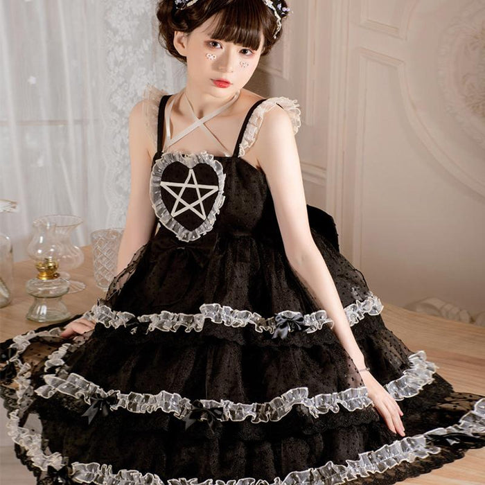 【7日内出荷】ロリータキャミワンピース ロリータドレス lolita キャミワンピース 袖なし 甘ロリ jsk デザインスカート リボン フリル 原宿 ガーリー 可愛い 春 夏