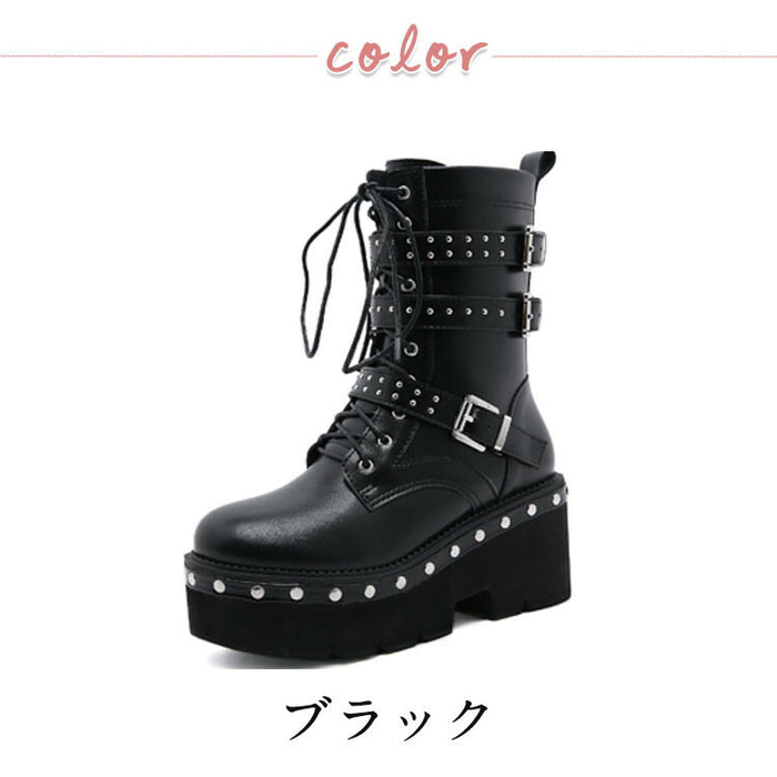 【7日内出荷】ショートブーツ パンク風 厚底 レースアップブーツ レディース ヒール8cm ブーツ スタッズ ダンスシューズ カジュアル 靴 編み上げブーツ 日常 通勤 おしゃれ 痛くない 履きやすい 柔らかい ゆったり きれいめ 人気 クール 美脚 春夏秋冬 韓国 仕事 PU 合皮 原宿系 細見え 黒