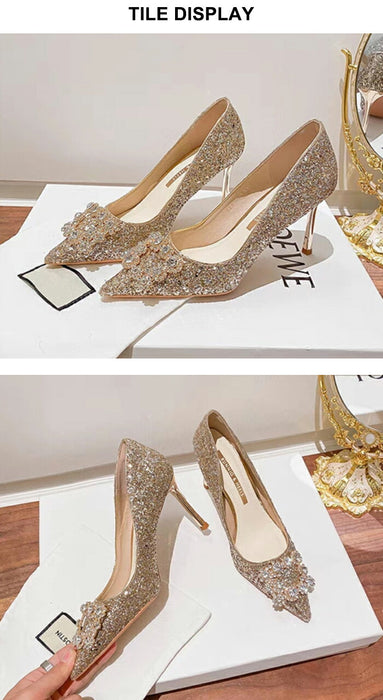 【7日内出荷】【6cm~8cmヒール】ウェディングシューズ パンプス 結婚式 痛くない ハイヒール ピンヒール ビジュー バックル キラキラ グリッター ポインテッドトゥ パーティー 二次会 披露宴 花嫁 ブライダルシューズ お呼ばれ レディース 美脚 脚長 ゴールド