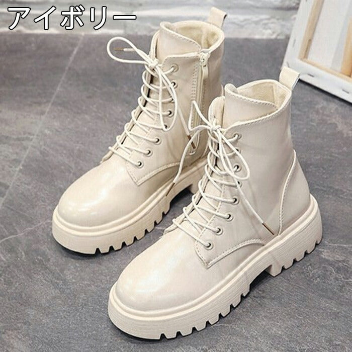 【4cmヒール】ショートブーツ レディース ダンスシューズ 歩きやすい レースアップ 編み上げ ミドル丈 韓国 厚底 4cm ローヒール 歩きやすい 痛くない 疲れない サイドジップ 防寒 卒業式 発表会 学生 女子 アイドル カジュアル 秋冬 黒 アイボリー