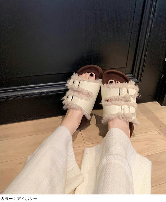 【7日内出荷】【4cmヒール】サンダル 厚底 ファーサンダル レディース ボアサンダル 冬用 4cmヒール もこもこ 歩きやすい 暖かい 冬用サンダル 痛くない 疲れにくい 美脚 ダブルベルト レザー調 合皮 おしゃれ ルームシューズ 室内履き 20代 30代 靴 防寒 黒 茶 白