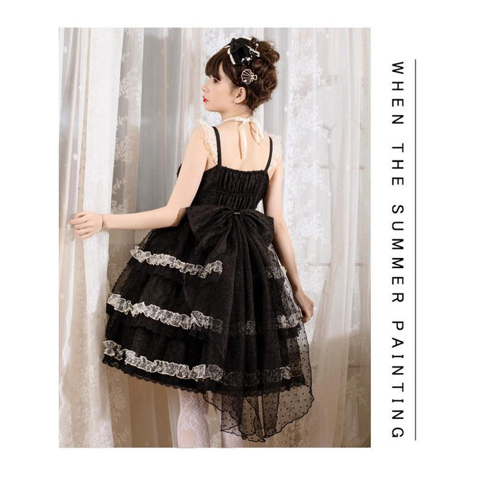 【7日内出荷】ロリータキャミワンピース ロリータドレス lolita キャミワンピース 袖なし 甘ロリ jsk デザインスカート リボン フリル 原宿 ガーリー 可愛い 春 夏