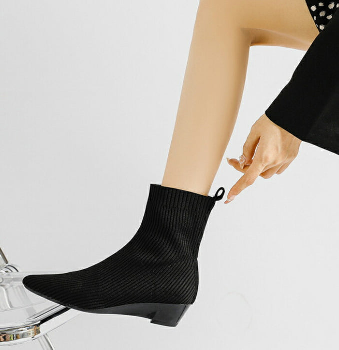 【7日内出荷】【3.5cmヒール】ソックスブーツ レディース ニット ショートブーツ 痛くない 歩きやすい ストレッチブーツ ポインテッドトゥ ローヒール ウェッジソール 3.5cm 美脚 疲れない 軽量 柔らかい フィット感 オフィス 通勤 きれいめ バイカラー 秋冬 春