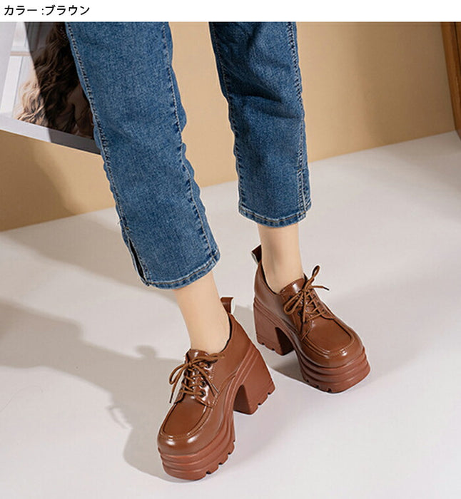 【7日内出荷】【10cmヒール】厚底オックスフォード シューズ レディース レースアップ  ハイヒール 超厚底 チャンキーヒール ボリュームソール プラットフォーム レースアップ 革靴 歩きやすい 疲れにくい 脚長 韓国 地雷系 学生 通勤 黒 茶色 オールシーズン