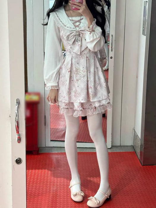 【7日内出荷】【S-2L】セーラーカラー 量産型 ワンピース クマ柄 長袖 レディース レース リボン ショート丈 ミニ 蝶結び ギャル ドレス ハイウエスト Aライン アニマル柄 かわいい 可愛い 病みかわいい ロリータ 学生 お姫様 プリンセス お出かけ 通勤 春 秋 ピンク ホワイト S M L XL