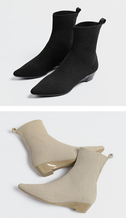 【7日内出荷】【3.5cmヒール】ソックスブーツ レディース ニット ショートブーツ 痛くない 歩きやすい ストレッチブーツ ポインテッドトゥ ローヒール ウェッジソール 3.5cm 美脚 疲れない 軽量 柔らかい フィット感 オフィス 通勤 きれいめ バイカラー 秋冬 春