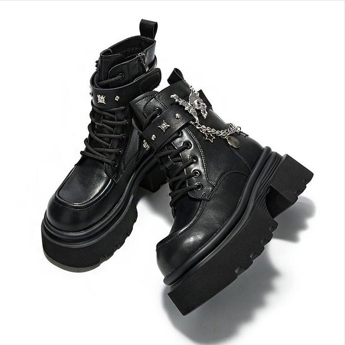【7日内出荷】ショートブーツ 厚底 レースアップブーツ レディース 太ヒール パンク風 チェーン付き 編み上げ おしゃれ 秋ブーツ ラウンドトゥ 靴 痛くない 履きやすい ゆったり サイドジップ シンプル 美脚 人気 春夏秋冬 韓国 通勤 合皮 原宿系 細見え 黒 青 ハロウィン ロック ゴスロリ