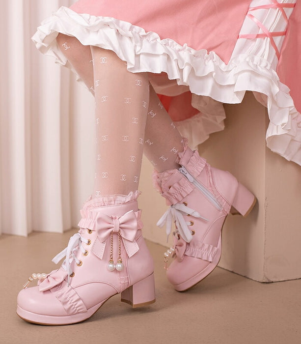 【5cm ヒール】厚底ブーツ ロリータ ブーツ レディース ショートブーツ 編み上げブーツ 甘ロリ お姫様 森ガール ロリィタ靴 レース リボン パール 5cm 太ヒール 歩きやすい 痛くない サイドジップ おしゃれ かわいい お茶会 コスプレ 黒 ピンク 白 秋冬