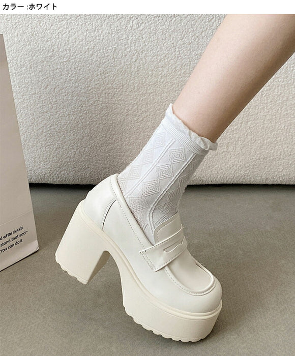 【7日内出荷】【9cmヒール】ローファー レディース スクールローファー 厚底 コインローファー 9cmヒール スクエアトゥ パンプス チャンキーヒール ボリューム プラットフォーム 革靴 歩きやすい オケージョン 脚長 中学 高校 学生 コスプレ 通学 黒 白 オールシーズン