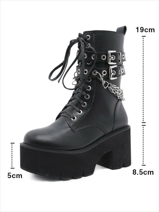 【7日内出荷】ショートブーツ レディース 厚底 レースアップブーツ チェーン付き ダンスシューズ ヒール8.5cm 秋ブーツ パンク風 カジュアル 靴 日常 通勤 おしゃれ 痛くない 履きやすい 柔らかい ゆったり ラウンドトゥ きれいめ 人気 クール 春夏秋冬 韓国 仕事 合皮 原宿系 細見え 黒