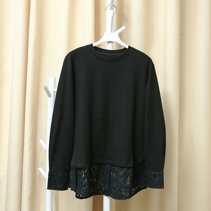 【7日内出荷】レイヤード ロンT レース 袖 裾 レースインナー トップス レディース レース レイヤードトップス 長袖 Tシャツ カットソー インナー チュニック 無地 透け 肌着 重ね着 きれいめ 大きいサイズ 体型カバー お尻が隠れる 厚手 白 黒 秋 冬