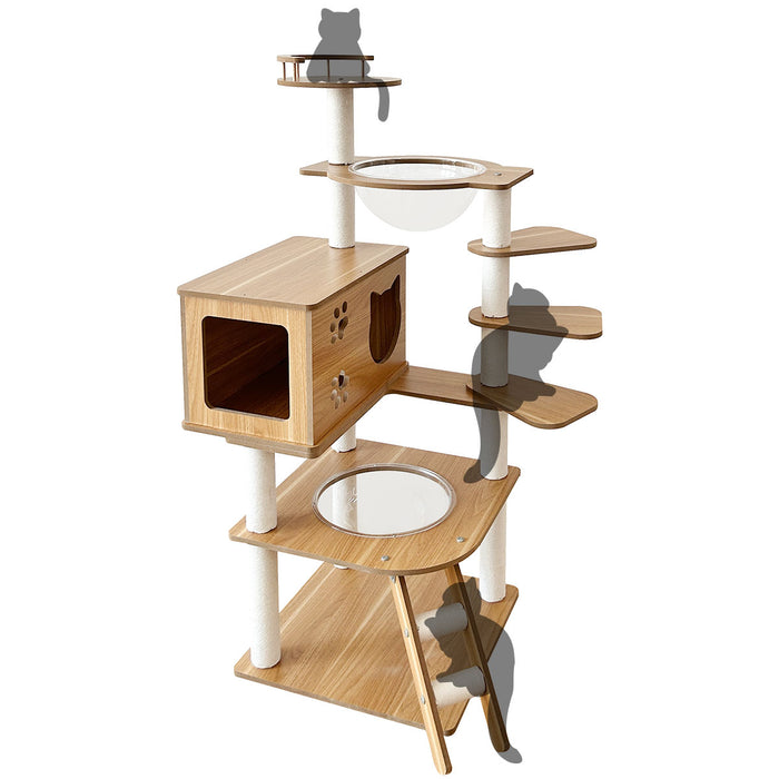 RAKU キャットタワー 木製 高さ約103.5cm 多ステップ 階段付き ホワイトコットン支柱 爪とぎポール 柵つき展望台 猫ハウス 宇宙船 四角型土台 角丸加工 掃除簡単 シニア猫/太った猫/短足猫/子猫