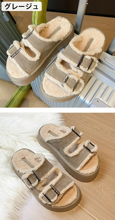 【7日内出荷】【 5cmヒール】厚底ボアサンダル レディース ファーサンダル ボア もこもこ 5cmヒール 歩きやすい つっかけ 暖かい 冬用サンダル 防寒 痛くない ダブルベルト 秋冬ルームシューズ 外履き 室内履き オフィス 20代 30代 シューズ 靴 ブラウン グレージュ