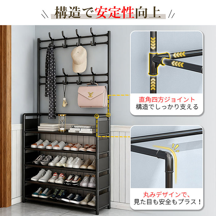 RAKU シューズラック スリム 玄関収納 省スペース 5段 靴棚 収納ラック フック付き 大容量 帽子 服掛け 多機能ハンガーラック おしゃれ ホワイト ブラック 2色