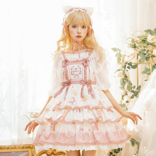 【7日内出荷】ロリータキャミワンピース ロリータ衣装 ロリータドレス lolita キャミワンピース 女の子 春 夏 猫元素 袖なし 甘ロリ jsk リボン レース 原宿 ガーリー 可愛い S/M/L/XL