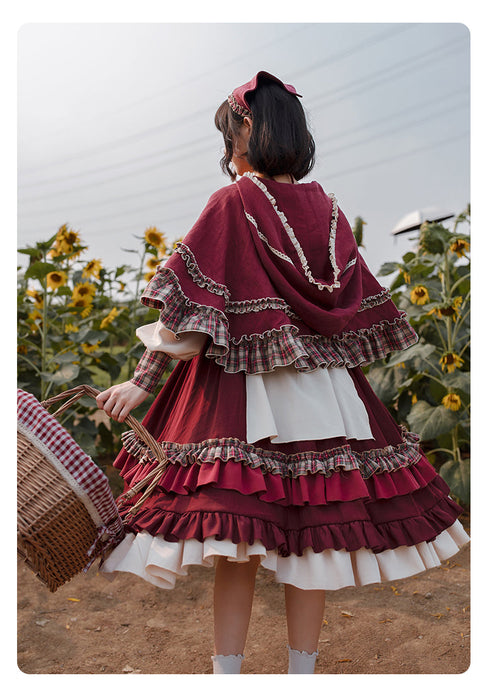 【7日内出荷】赤ずきん ロリータワンピース ワンピース ロリータドレス  マント付き 3点セット 三角巾付き 甘ロリ キュート 原宿 ガーリー 秋 冬