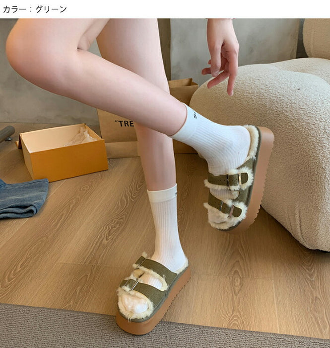 【7日内出荷】【5cmヒール】サンダル 厚底 ファーサンダル レディース もこもこ 5cmヒール 歩きやすい つっかけ ダブルベルト 防寒 暖かい 痛くない 疲れにくい 美脚効果 身長アップ きれいめ 外履き 冬用サンダル 秋冬 おしゃれ ルームシューズ ブラウン グリーン