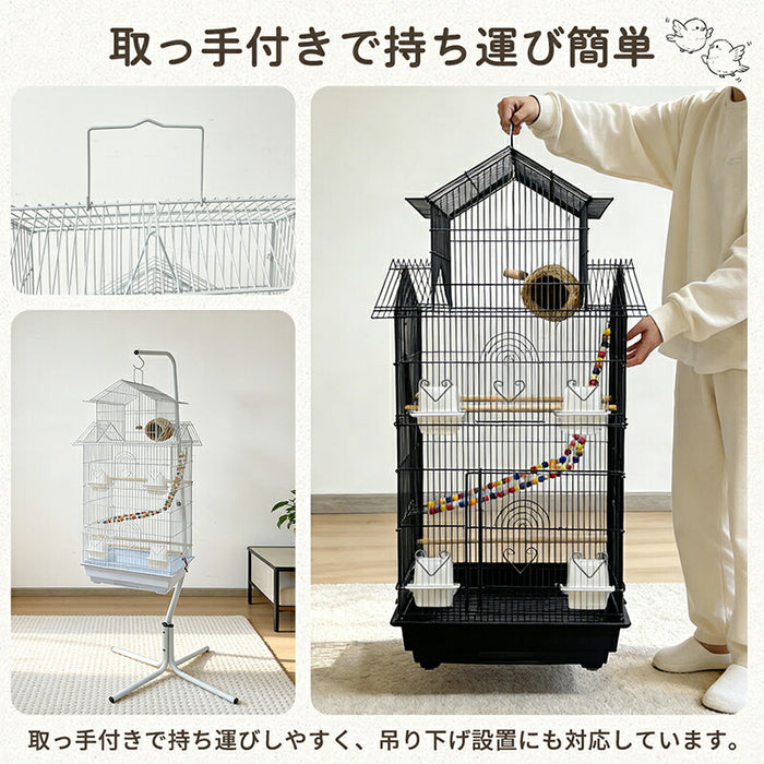 RAKU バードケージ 大型 多頭飼い 鳥かご セキセイインコ オカメインコ 飼育セット 幅50×奥行40×高さ104cm 止まり木 巣箱 ブランコ付き エサ入れ4個 引き出し式トレー お手入れ簡単 ホワイト/ブラック