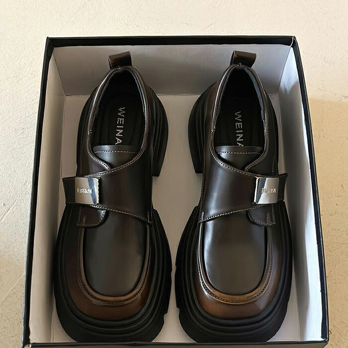 【7日内出荷】【5cmヒール 】厚底ローファー レディース パンプス PU 合皮 ストラップスクール ローファー ベルクロ 面ファスナー メタルプレート Uチップ チャンキーソール ボリュームソール 歩きやすい 身長アップ 美脚 学生 通学 通勤 制服コーデ 黒 茶色