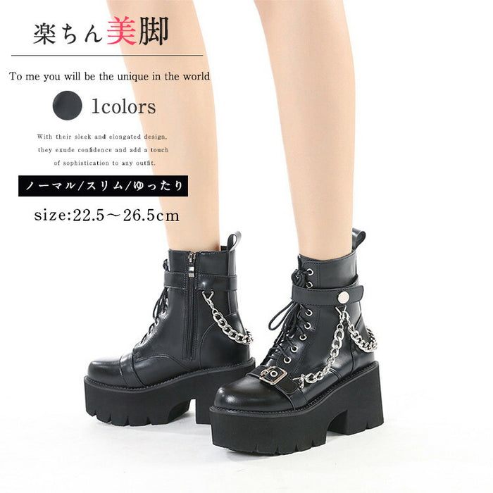 【7日内出荷】厚底 パンク風 ショートブーツ レディース ブーツ 太ヒール レースアップブーツ ヒール7.5cm 靴 編み上げブーツ カジュアル 日常 通勤 おしゃれ 痛くない 履きやすい 柔らかい ゆったり ダンスシューズ ラウンドトゥ きれいめ 人気 クール 大人 韓国 仕事 PU 合皮 細見え 黒