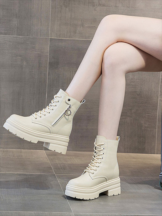 【7日内出荷】ショートブーツ 厚底 ブーツ レディース サイドジップ レースアップブーツ 秋ブーツ 太ヒール 靴 日常 通勤 美脚 カジュアル おしゃれ 痛くない 履きやすい 柔らかい 編み上げブーツ ラウンドトゥ きれいめ シンプル 大人気 春夏秋冬 韓国 仕事 PU 合皮 細見え 黒 ベージュ